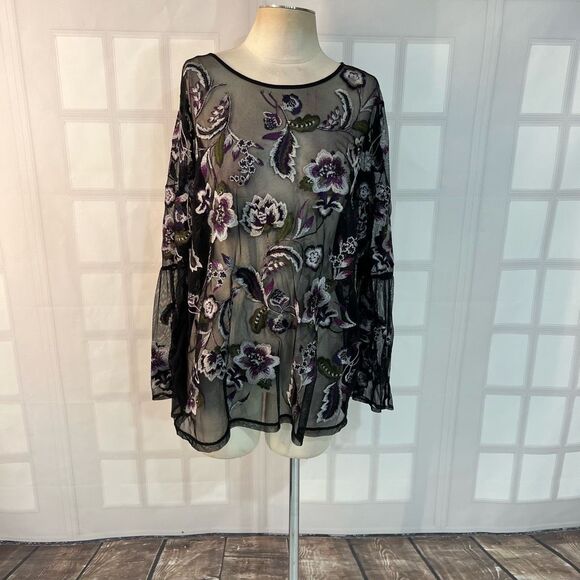 🔥🔥5 for $25🔥🔥Inc International Concepts Black Mesh Long Bell Sleeve Blouse Sz 2X - Picture 2 of 9